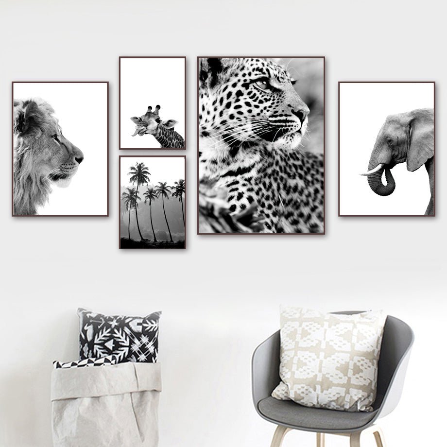Giraffe Elephant Lion Pineapple Palm Tree Wall Canvas Painting
