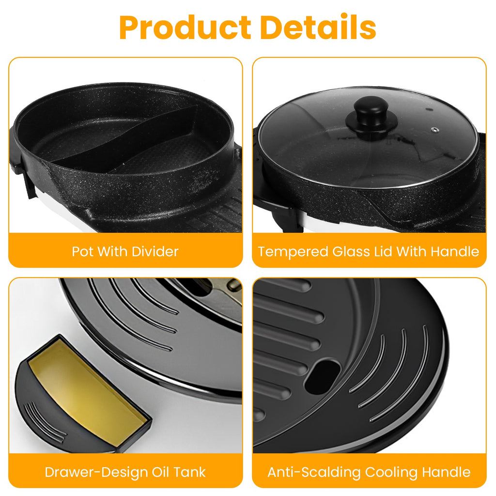 2200W  2 In 1 Electric Hot Pot With BBQ Grill Cooker Smokeless Non-Stick Korean BBQ Grill Shabu Shabu Hot Pot With Independent Temperature Control 5 Gears Firepower For 2-10 People